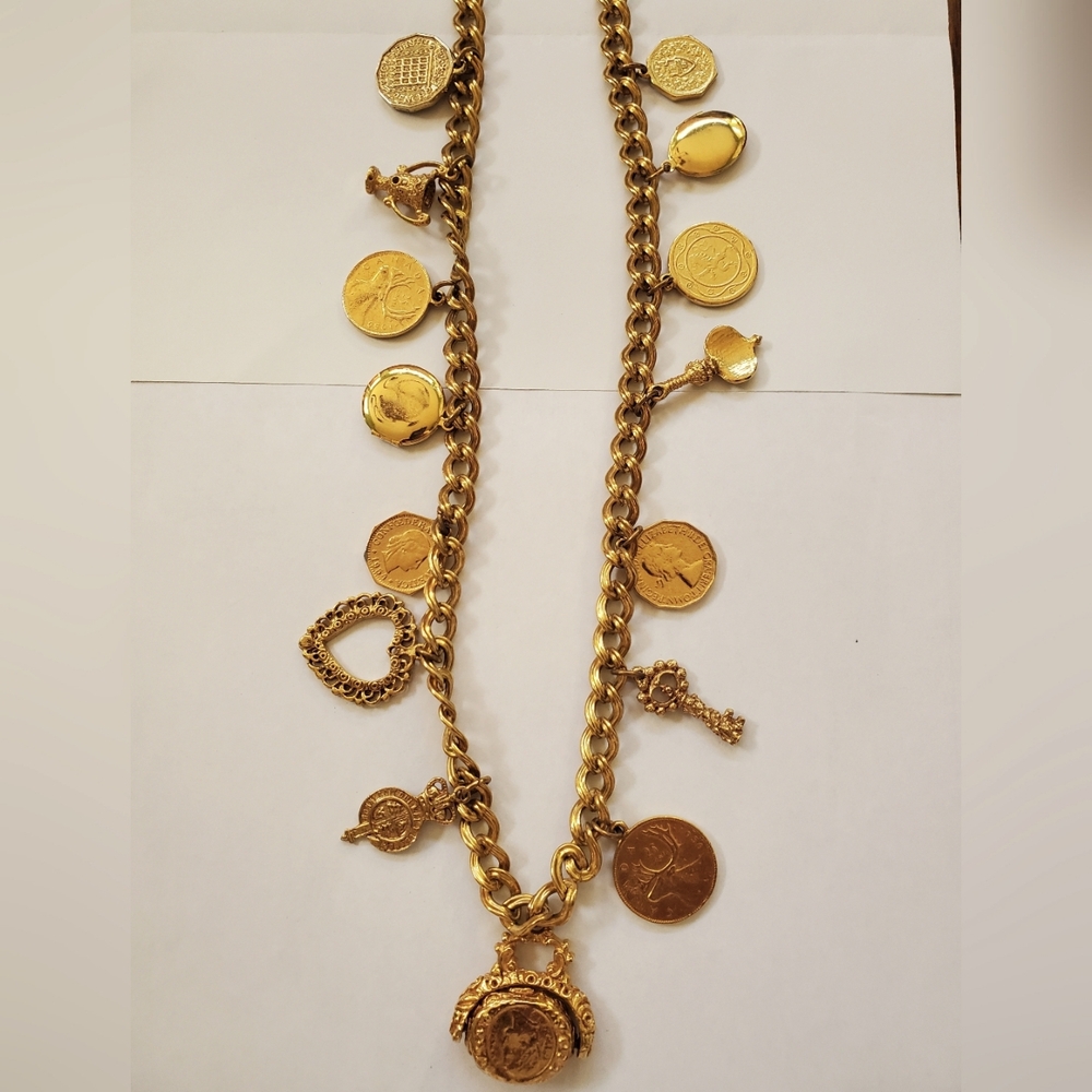 Goldtone Roman Coins & Charms Necklace 16" - Picture 2 of 9